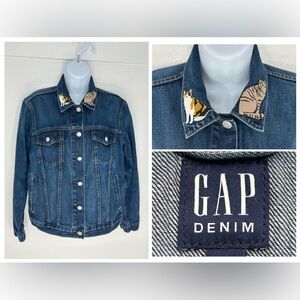 Gap Denim Jean Jacket Size Large‎ Cat Patches Distressed Button Trucker Classic